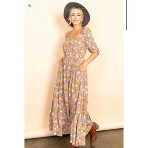 New Elloh Pink & Yellow Floral Reversible Maxi Dress‎ Size Small
